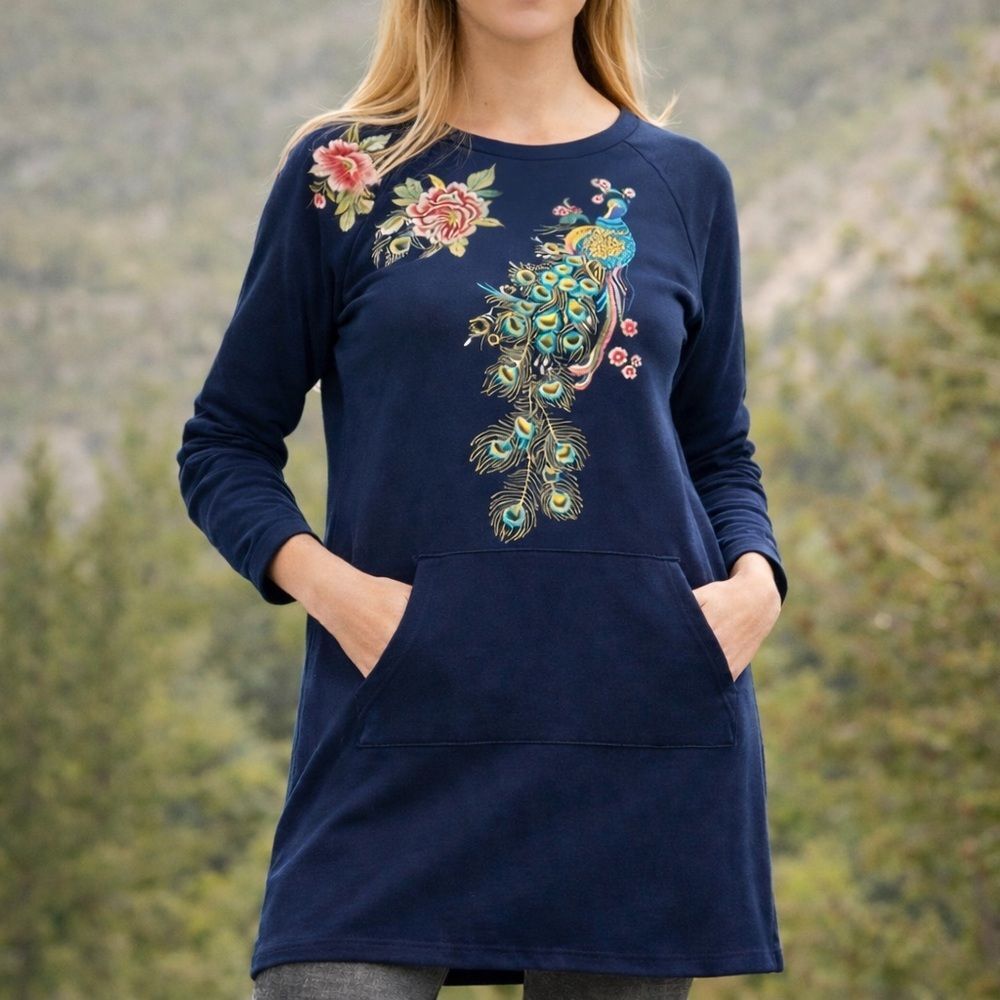 Driftwood Layla Embroidered Peacock Sweatshirt Dress Navy Long Sleeve Size Large